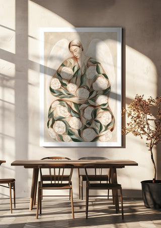 Peony Angel by Martina Karlsson hanging above a wooden dining table in warm sunlight