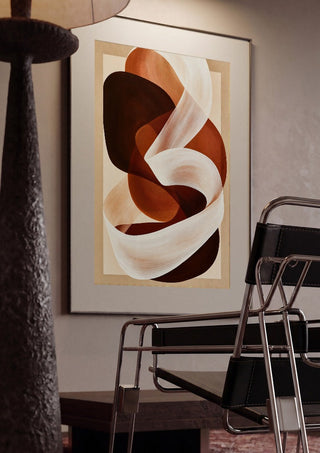 Ribbon in Rust by Martina Karlsson framed in a dim room beside a tubular steel chair