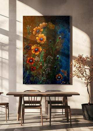 Cosmos in Ochre by Svetla Stoyanova Bassi hanging above a wooden dining table in warm sunlight