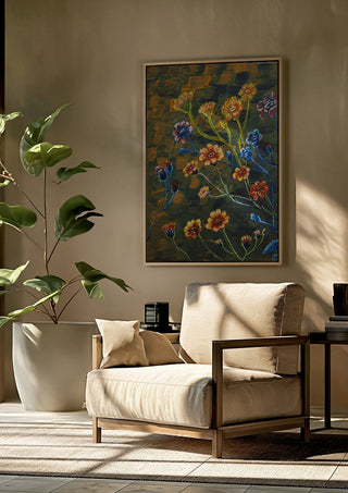 Field Flowers in Olive by Svetla Stoyanova Bassi framed above a beige armchair beside a potted plant