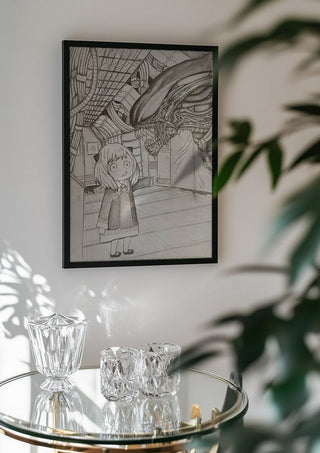 Alien X Anya by CarolineV in a black frame above a glass table with crystal glassware