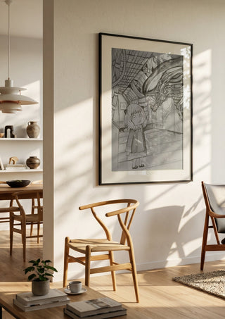 Alien X Anya by CarolineV in a black frame in a bright dining room with wooden chairs