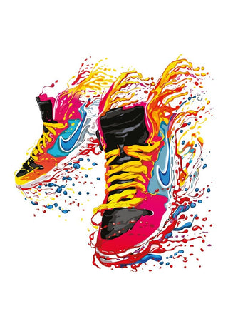 Colorful illustrated Nike sneakers with flaming, splash-like effects in vibrant red, yellow, and blue hues.