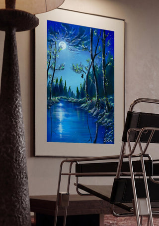 moonlight by Sofia de Lemos framed in a dim room beside a tubular steel chair
