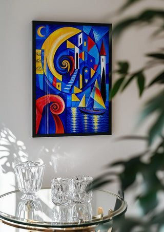 Echo of Times by Andreas Gerlach in a black frame above a glass table with crystal glassware
