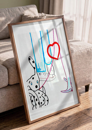 The third wheel by NKo in a walnut frame leaning against a grey sofa