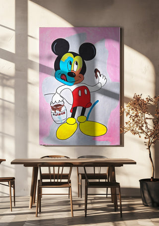 Not by Cheese Alone by NKo hanging above a wooden dining table in warm sunlight