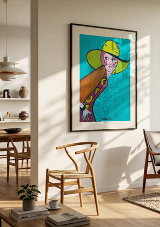 Frau mit Hut by Trude in a black frame in a bright dining room with wooden chairs