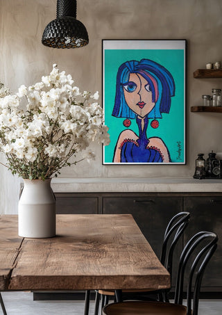 Lady Kontrast by Trude in a black frame above a rustic table with white flowers