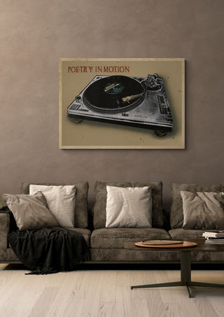 Poetry in Motion by Carl Smith ART in a light oak frame above a grey sofa on a warm brown wall