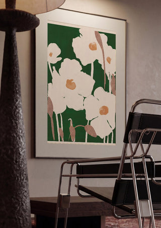 Abstract Flowers 9 by ThingDesign framed in a dim room beside a tubular steel chair
