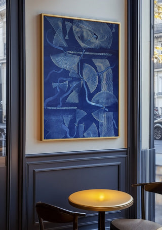 Curved lines / blue field by Linor Citaku in an oak frame on a panelled cafe wall