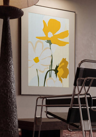 Yellow Flowers by ThingDesign framed in a dim room beside a tubular steel chair