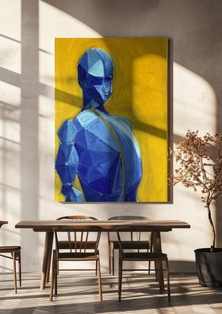 Blue figure / yellow field by Linor Citaku hanging above a wooden dining table in warm sunlight
