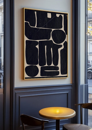 Modern Abstract Minimal Shapes 162 by ThingDesign in an oak frame on a panelled cafe wall