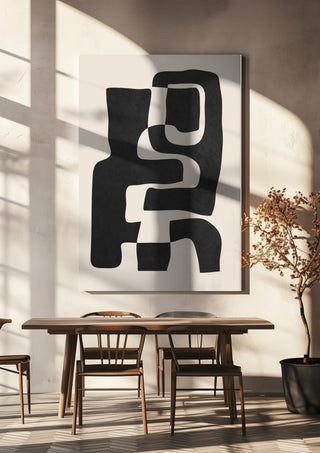 Abstract Art 55 by ThingDesign hanging above a wooden dining table in warm sunlight