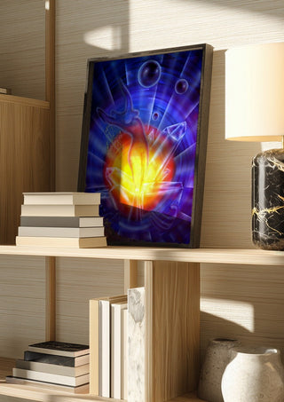 New beginnings and transformation by Walter Zettl in a dark frame on a wooden shelf beside books and a lamp