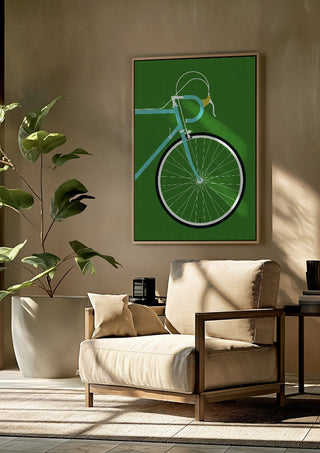 Italian Racing Bike - Detail by Bo Lundberg framed above a beige armchair beside a potted plant