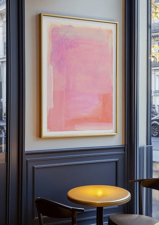 soft atmospheric colorfields by Iris Lehnhardt in an oak frame on a panelled cafe wall