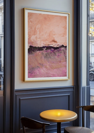 expressive landscape by Iris Lehnhardt in an oak frame on a panelled cafe wall