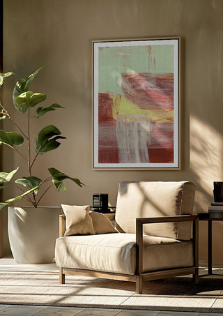 abstract layers and forms 1 by Iris Lehnhardt framed above a beige armchair beside a potted plant