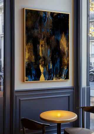 Gold on Blue by Kristof ellertz in an oak frame on a panelled cafe wall