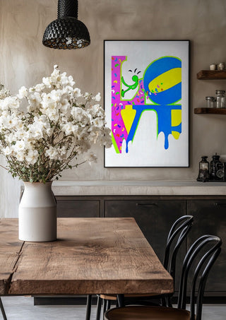 SAVE YOUR LOVE by NKo in a black frame above a rustic table with white flowers
