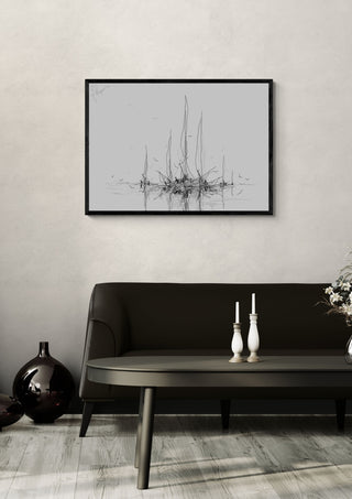 Masts at the Quay by Justyna Kopania in a black frame above a dark sofa with candlesticks on a round table