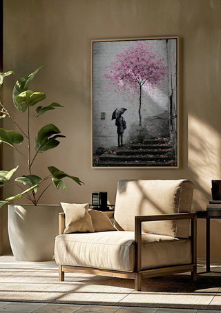 Spring x Banksy by Decker Studios framed above a beige armchair beside a potted plant