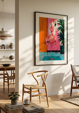 Knot today x Flamingo by Decker Studios in a black frame in a bright dining room with wooden chairs