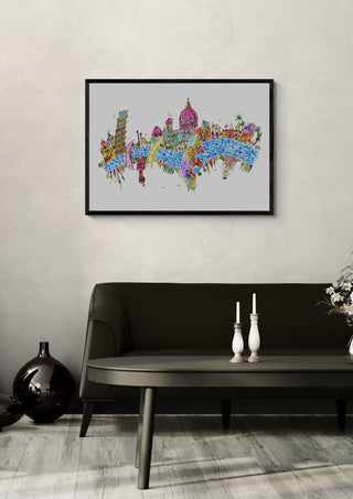 Florenz by ullimcart in a black frame above a dark sofa with candlesticks on a round table