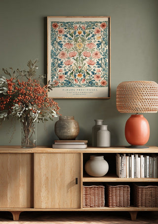FLEUR PRÉCIEUES by Annika Persson above a wooden sideboard on a sage green wall