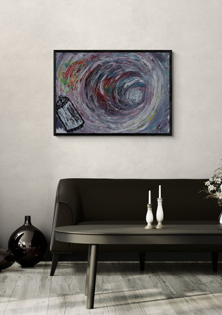 Oltre l'immaginazione - Beyond imagination by PeKo in a black frame above a dark sofa with candlesticks on a round table