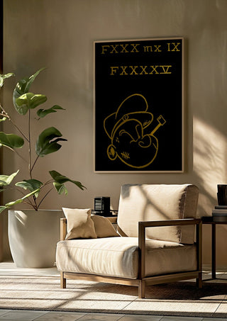 FXXX MX IX FXXXXV by Ali Kasap framed above a beige armchair beside a potted plant