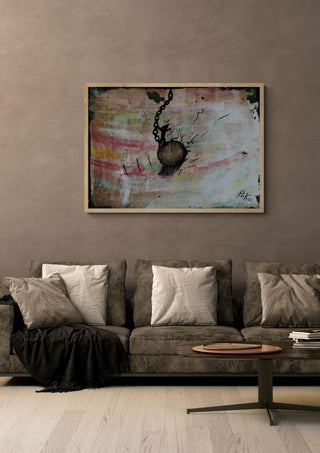 Let's break down all the walls by PeKo in a light oak frame above a grey sofa on a warm brown wall