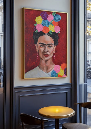 Frida Kahlo by creatievananne in an oak frame on a panelled cafe wall