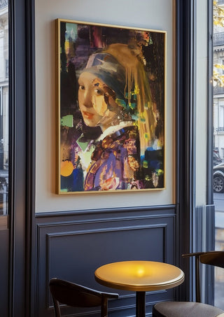 Girl with the pearl by creatievananne in an oak frame on a panelled cafe wall