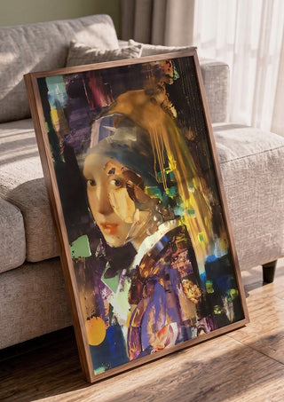 Girl with the pearl by creatievananne in a walnut frame leaning against a grey sofa