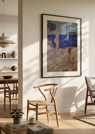 Paraphrasing by KaroGaiaArt in a black frame in a bright dining room with wooden chairs