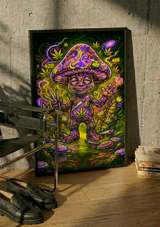 420 Mushroom by BunteBeute in a black frame leaning against a concrete wall by a steel chair