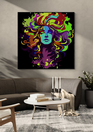The Flowing Mane by BunteBeute in a black frame above a dark sofa with candlesticks on a round table