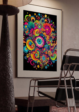 Psychedelic Bloom by BunteBeute framed in a dim room beside a tubular steel chair