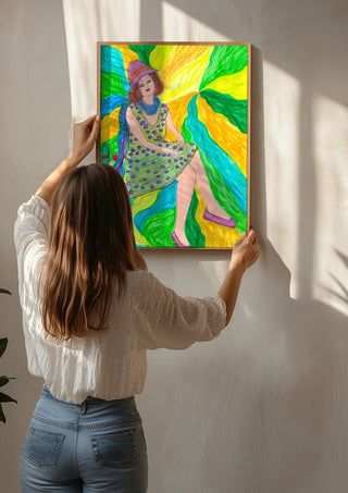 The Lilac Hat by Camilla Nilsson being hung on a sunlit wall