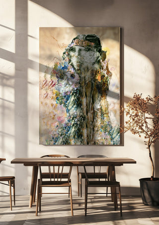 The Little People by Henrik Kock hanging above a wooden dining table in warm sunlight