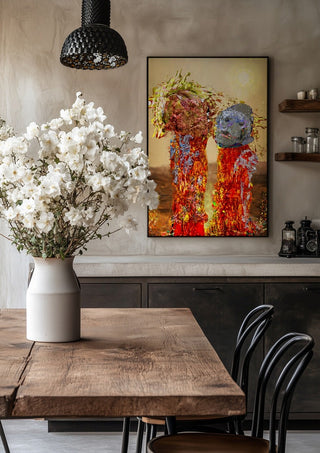yellow is the color by Henrik Kock in a black frame above a rustic table with white flowers