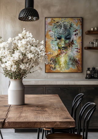 Close my eyes - So I can see by Henrik Kock in a black frame above a rustic table with white flowers
