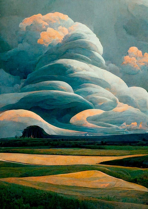 Painting of dramatic swirling clouds above a serene landscape, featured in Winnie Møller - Skyer i Bølger.