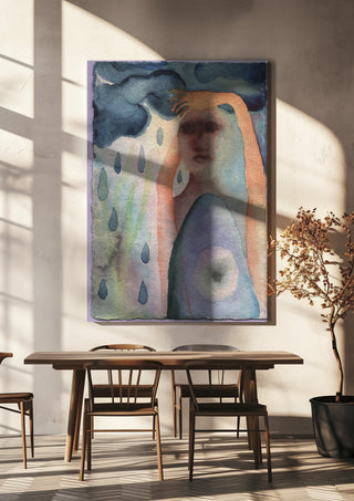 Under the Rain Cloud by Shimmering Ugly hanging above a wooden dining table in warm sunlight