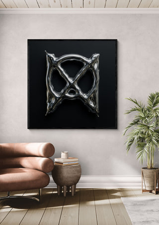 Liquid Chrome by Kristof ellertz in a black frame above a leather armchair beside a potted palm