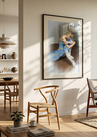 The Russian ballet dancer by Bettinafloorphoto in a large black frame in a bright dining room